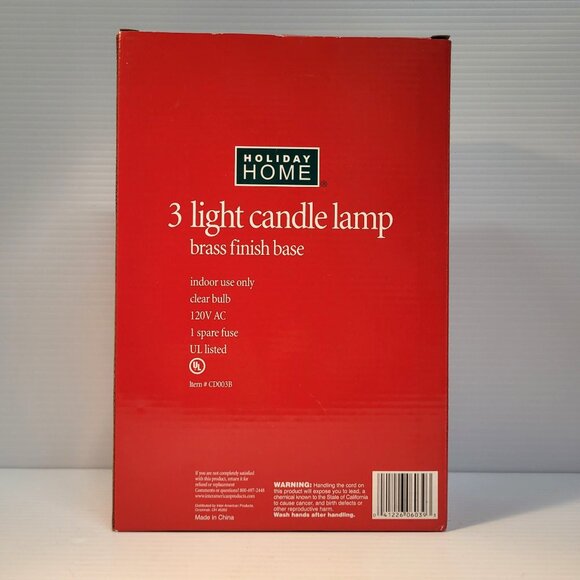Three Light Candle Lamp Holiday Electric Home Brass Finish Base Indoor Use Box - Picture 5 of 6